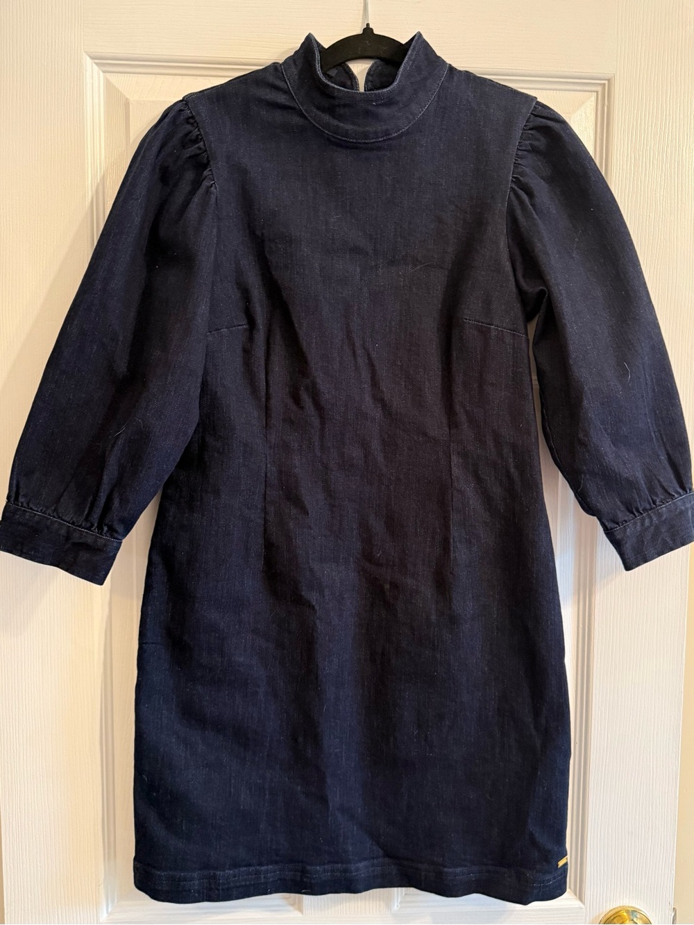 SCOTCH&SODA High-Neck Navy Jean Dress with Puff Sleeves